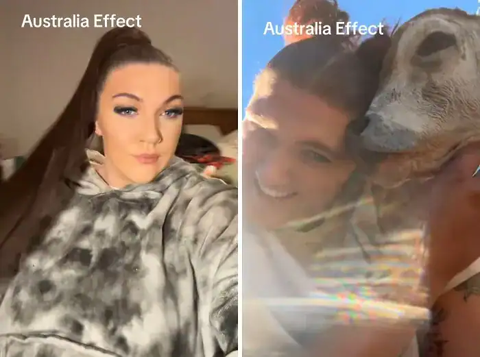 Woman going from full glam makeup to hugging an animal outdoors.