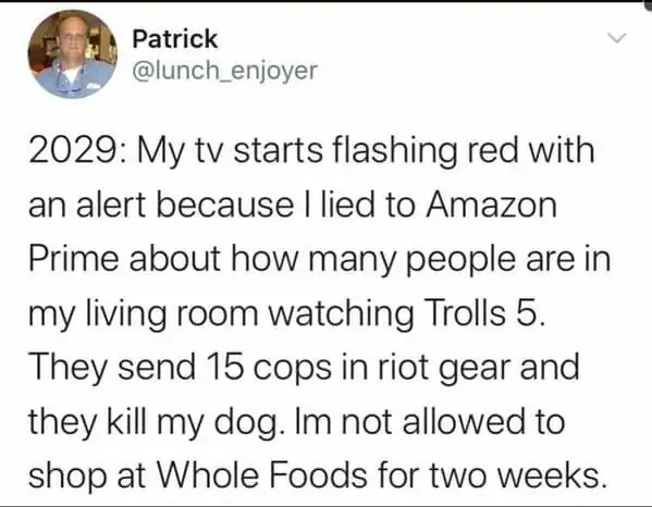 An oddly specific tweet by Patrick predicting a dystopian 2029 where Amazon Prime sends a SWAT team for lying about watching Trolls 5.