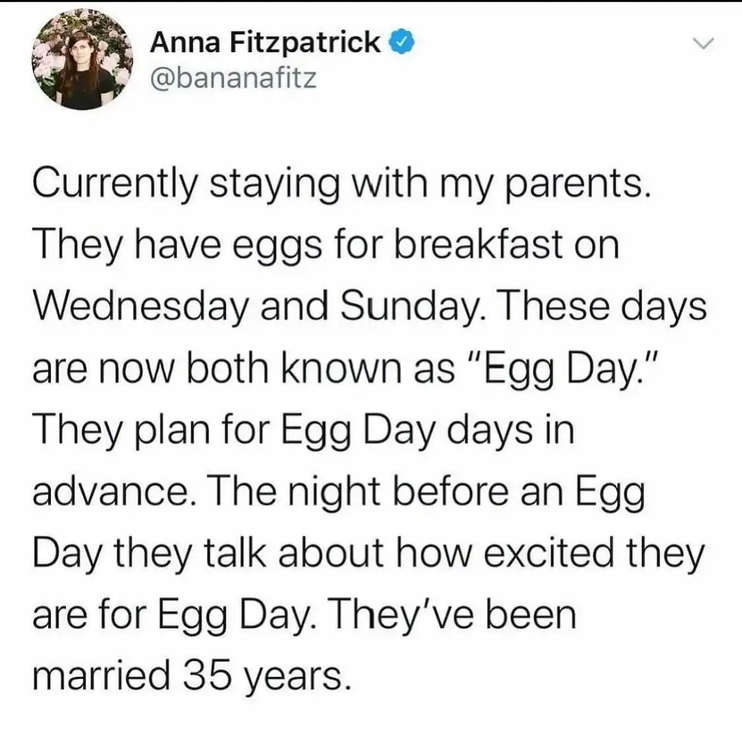 A weirdly specific meme about an elderly couple who have been married for 35 years and get overly excited about "Egg Day."