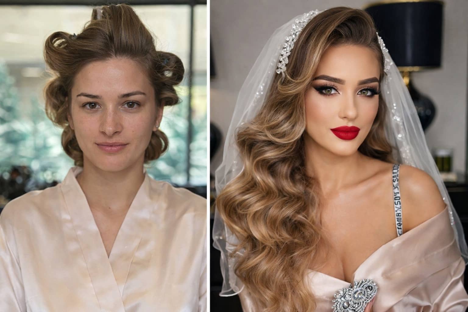 Side-by-side comparison of a bride before and after wedding makeup transformation and hair styling.