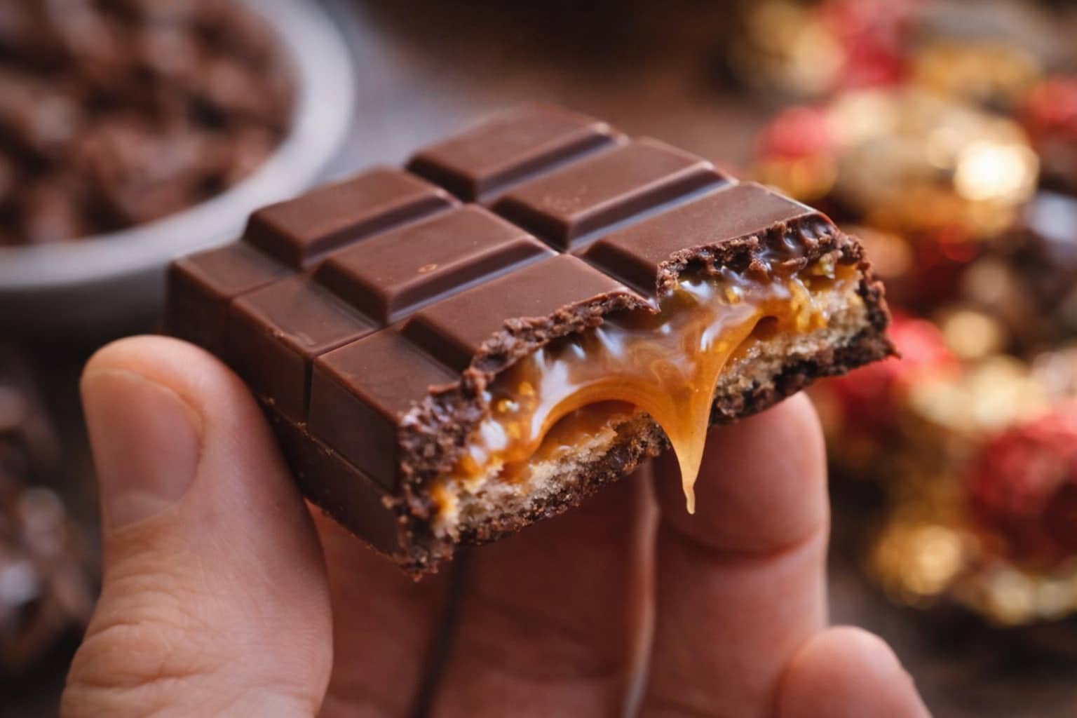 Close-up of a hand holding a bitten chocolate bar with caramel filling for chocolate memes.