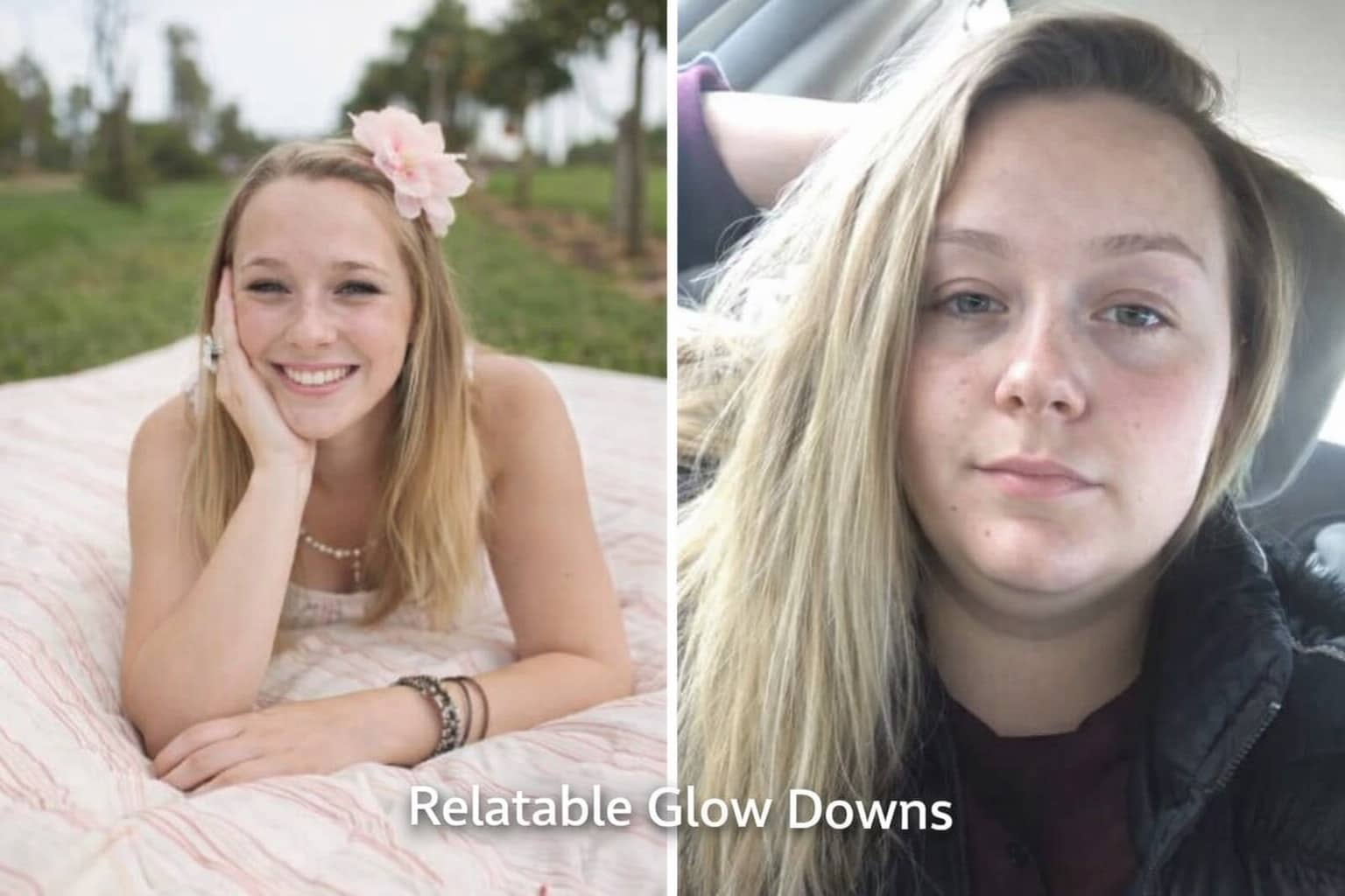 Side-by-side comparison of a girl in a flower crown versus a casual, relatable glow down.