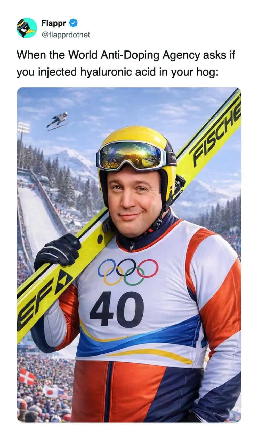 A funny winter olympics reaction featuring the viral Kevin James smirk photoshopped onto a ski jumper, joking about oddly specific doping allegations.