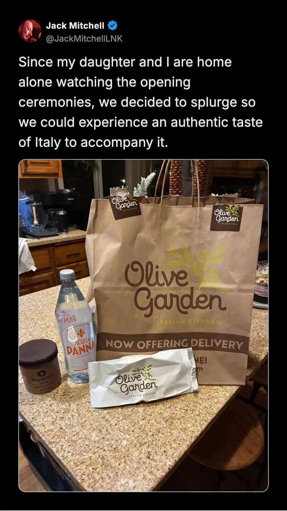 A funny winter olympics reaction where a fan orders Olive Garden takeout to celebrate the Milan opening ceremony with an authentic taste of Italy.