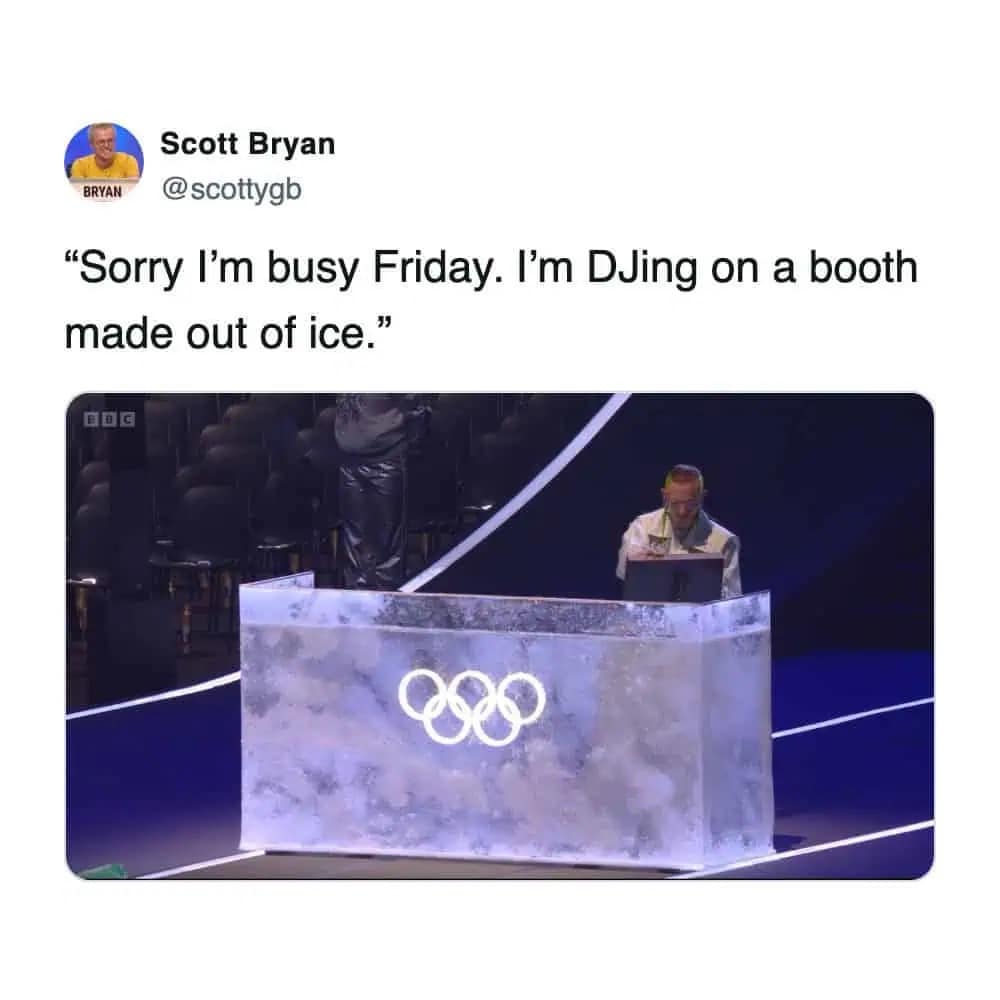 A funny winter olympics reaction featuring a DJ performing at a booth made entirely of ice, joking about having very cold and specific plans for Friday night.