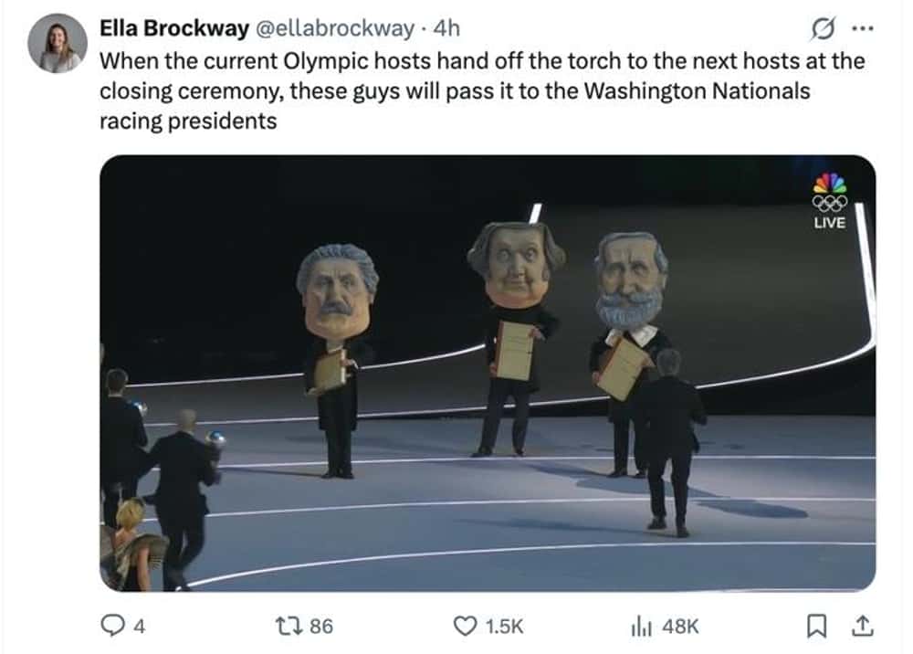 Milan Olympics opening ceremony memes tweet: A comparison of the giant composer heads on stage to the Washington Nationals racing presidents mascots.