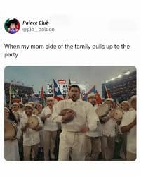 A funny bad bunny halftime show meme captioned "When my mom's side of the family pulls up," showing the singer leading a chaotic crowd of musicians.