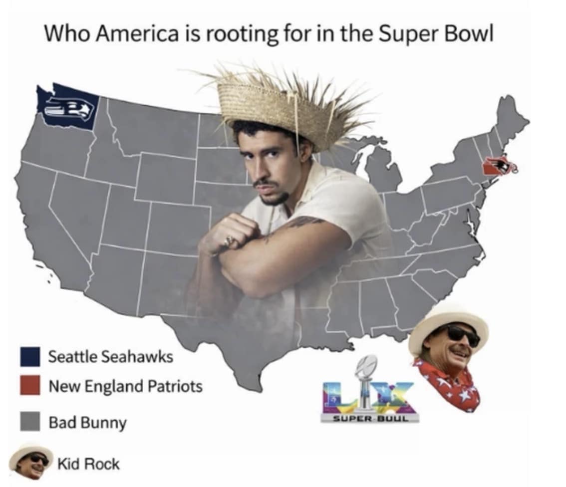 A map-based bad bunny halftime show meme showing the entire US rooting for the singer, while only tiny corners support the Seahawks or Patriots.