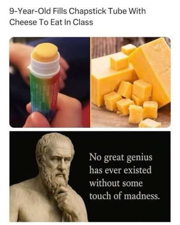 A genius cheese meme showing a chapstick tube filled with cheese cubes for stealth snacking in class.