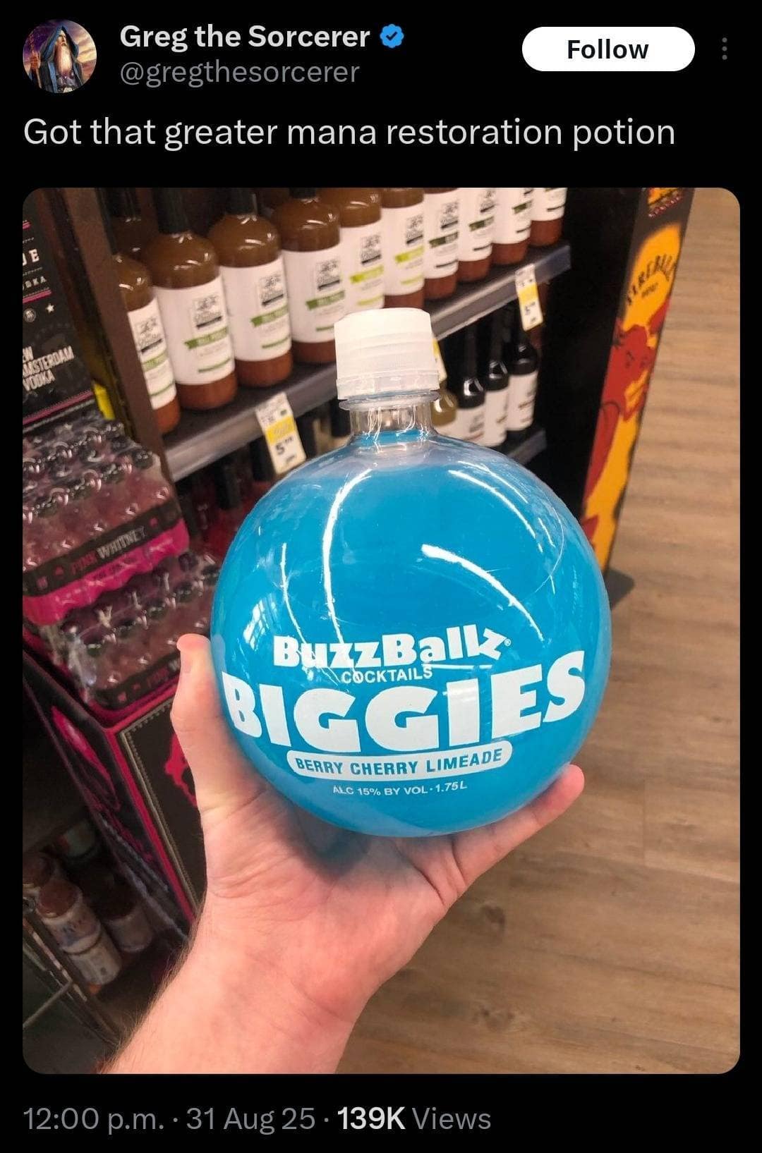 A viral tweet comparing a giant blue BuzzBallz cocktail to a "greater mana restoration potion" from a fantasy RPG.