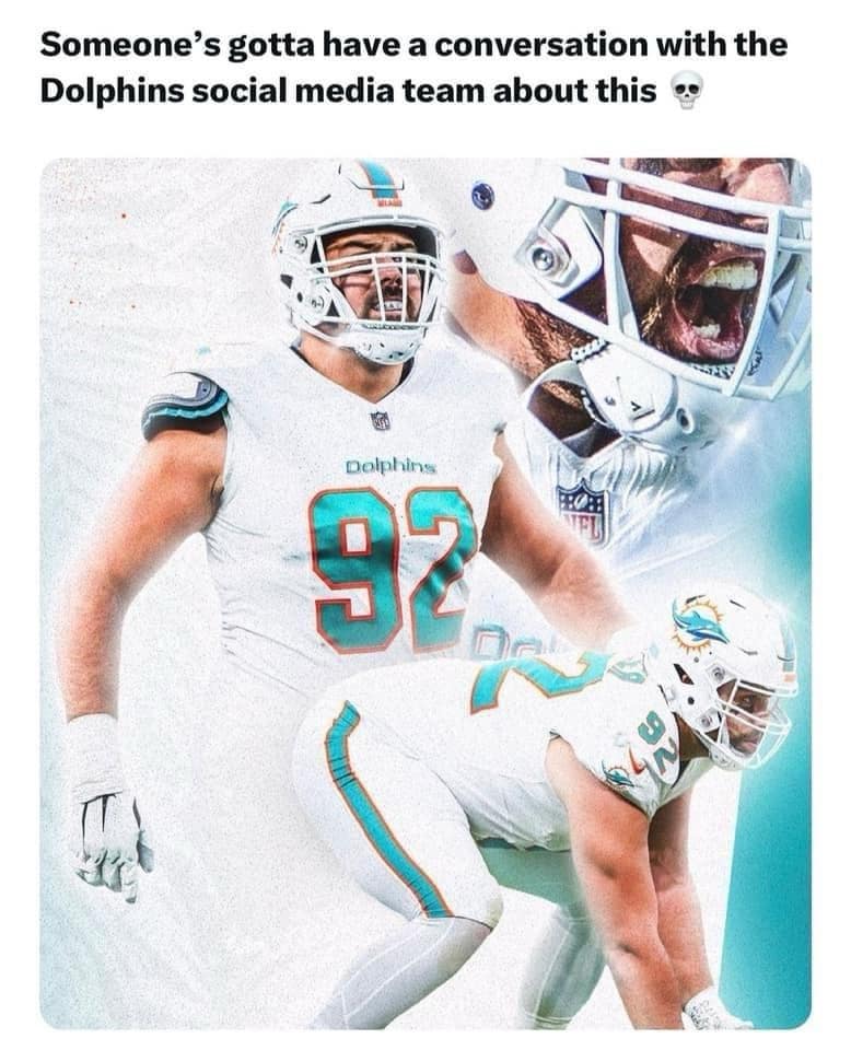 A classic meme pointing out an accidental graphic design fail by the Miami Dolphins social media team where two players are positioned very suggestively.
