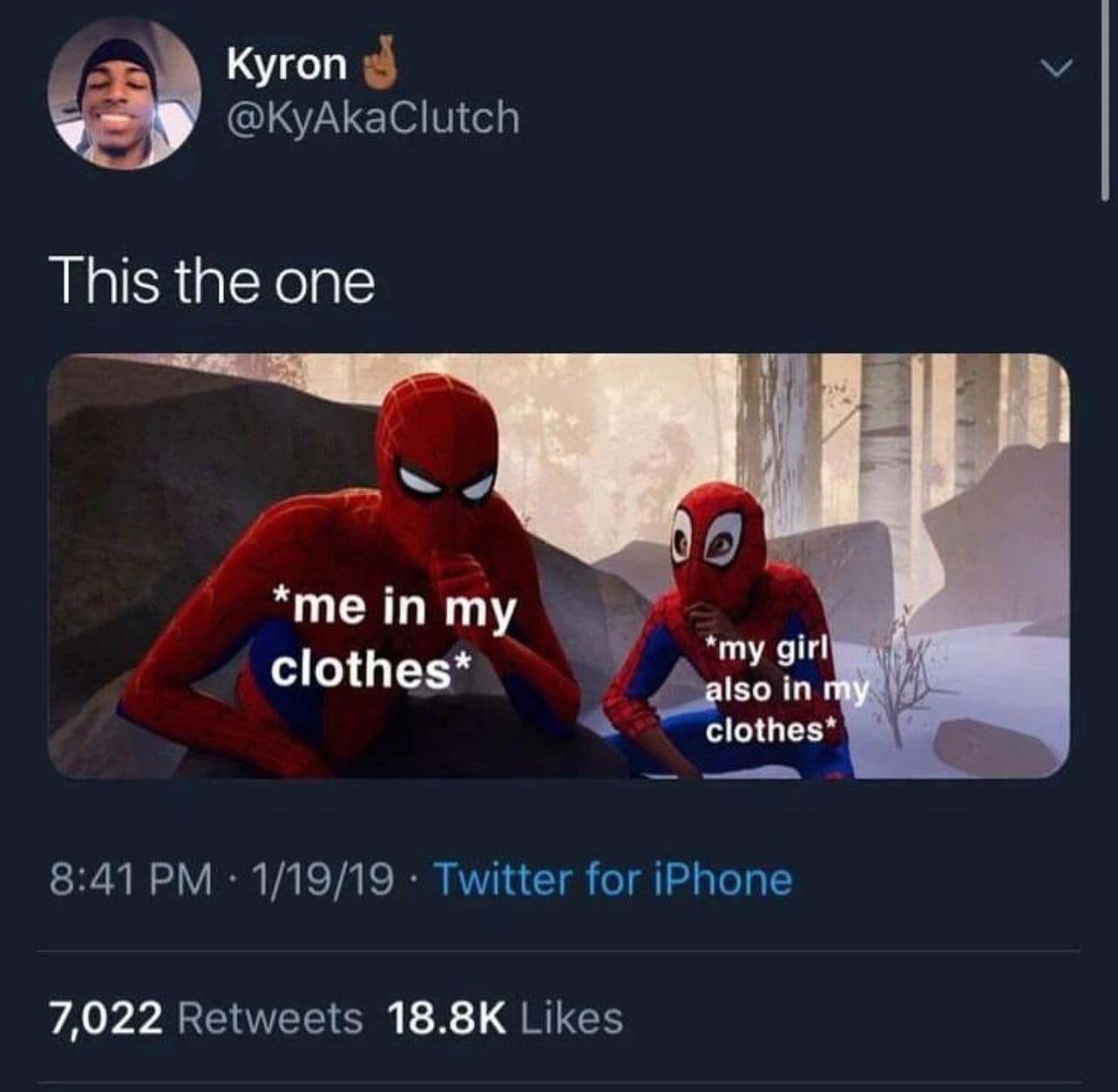 A wholesome classic meme using Spider-Man: Into the Spider-Verse to show a girlfriend copying her boyfriend's style by wearing his clothes.