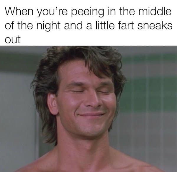 A wonderfully satisfying classic meme using an image of a blissfully smiling Patrick Swayze to represent the pure relief of when you are peeing in the middle of the night and a little fart safely sneaks out.