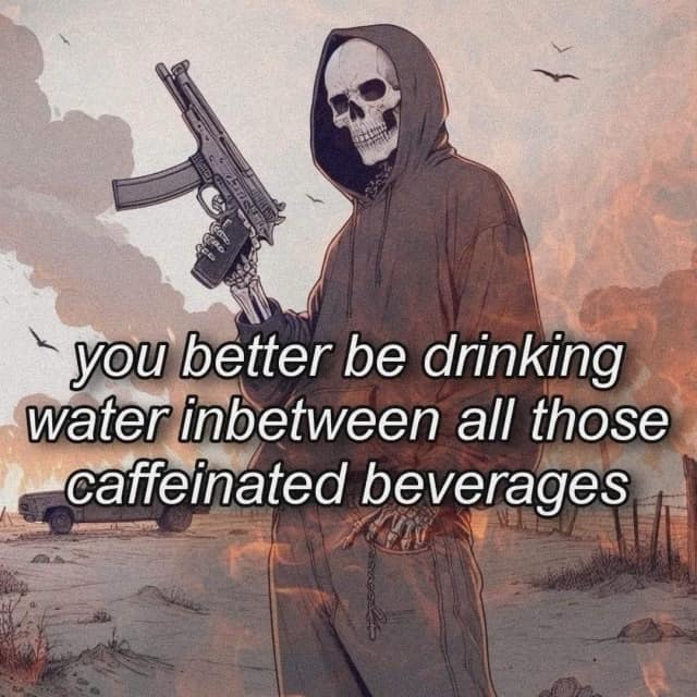 Classic meme: Skeleton holding a gun against a fiery background. Text: "you better be drinking water inbetween all those caffeinated beverages."