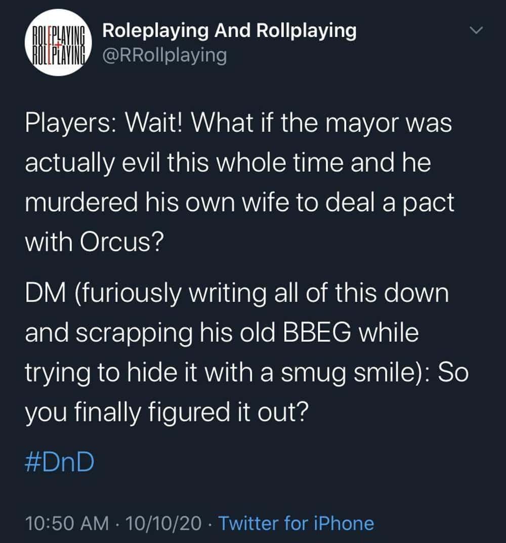 Text post about a Dungeon Master stealing complex player theories to replace the villain. A classic d&d meme about lazy DMs.