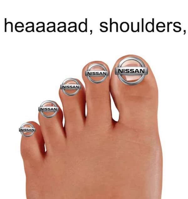 Wordplay meme featuring a human foot with Nissan car logos superimposed over the toenails.