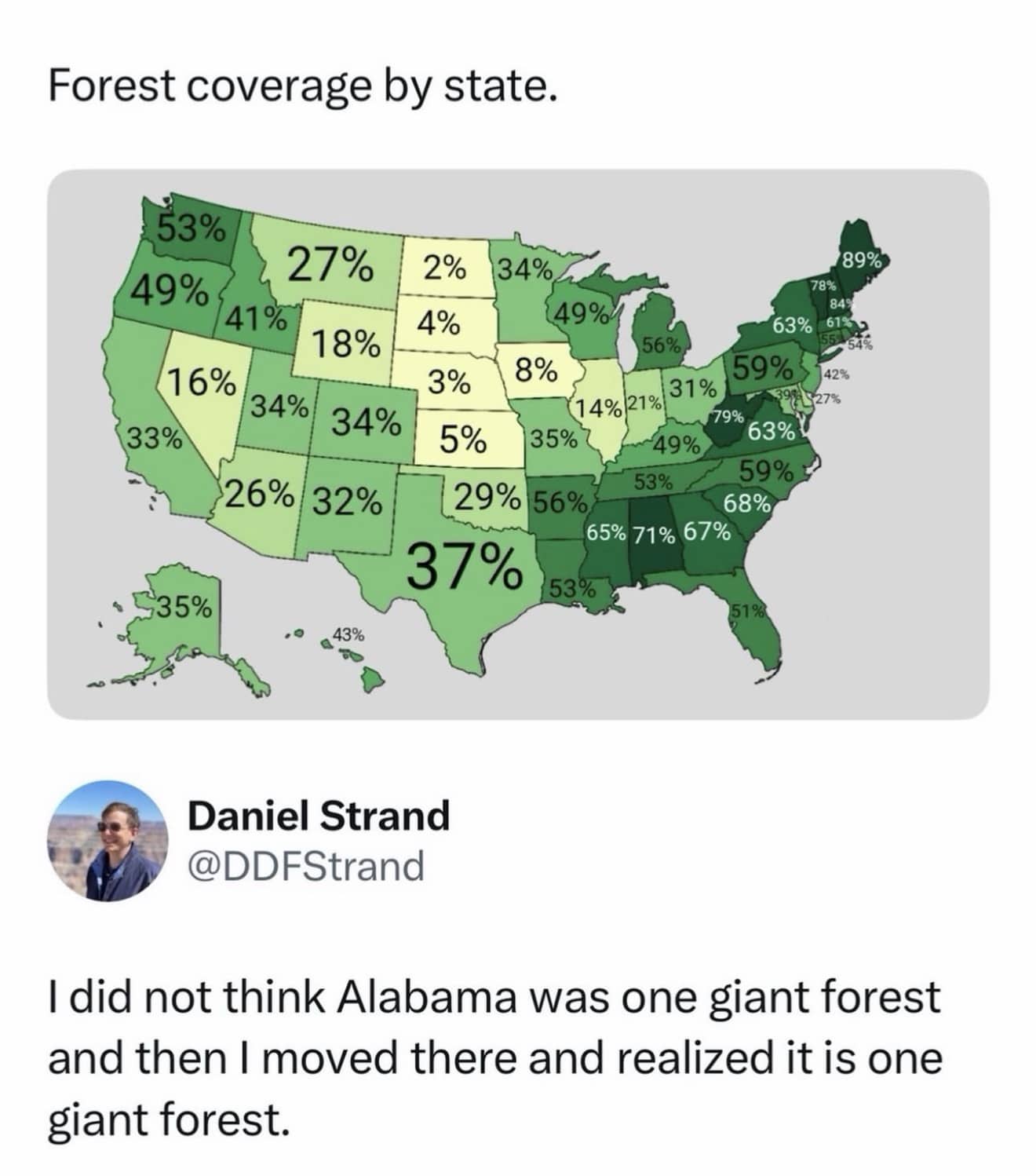 Map showing forest coverage percentages across the United States with a funny comment about Alabama.