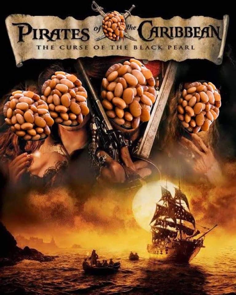 Surreal movie poster parody of Pirates of the Caribbean where all characters have baked bean faces.