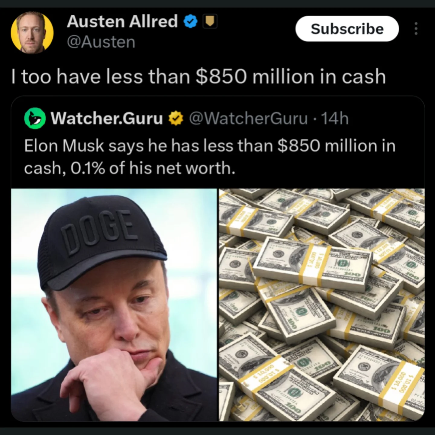 Twitter reaction meme regarding Elon Musk's cash holdings compared to his massive total net worth.