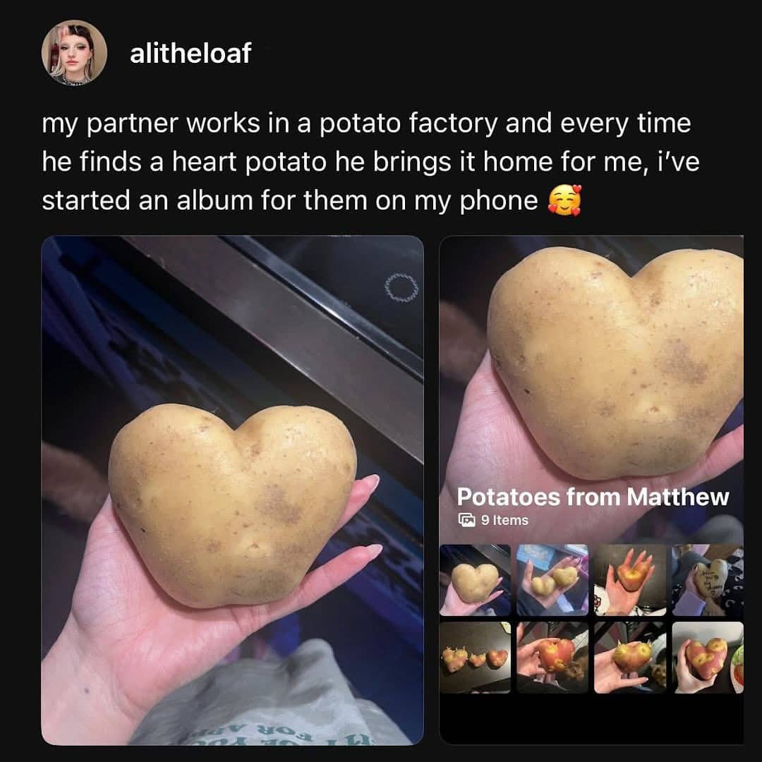 A wholesome and funny photo gallery of heart-shaped potatoes found by a partner at a factory.