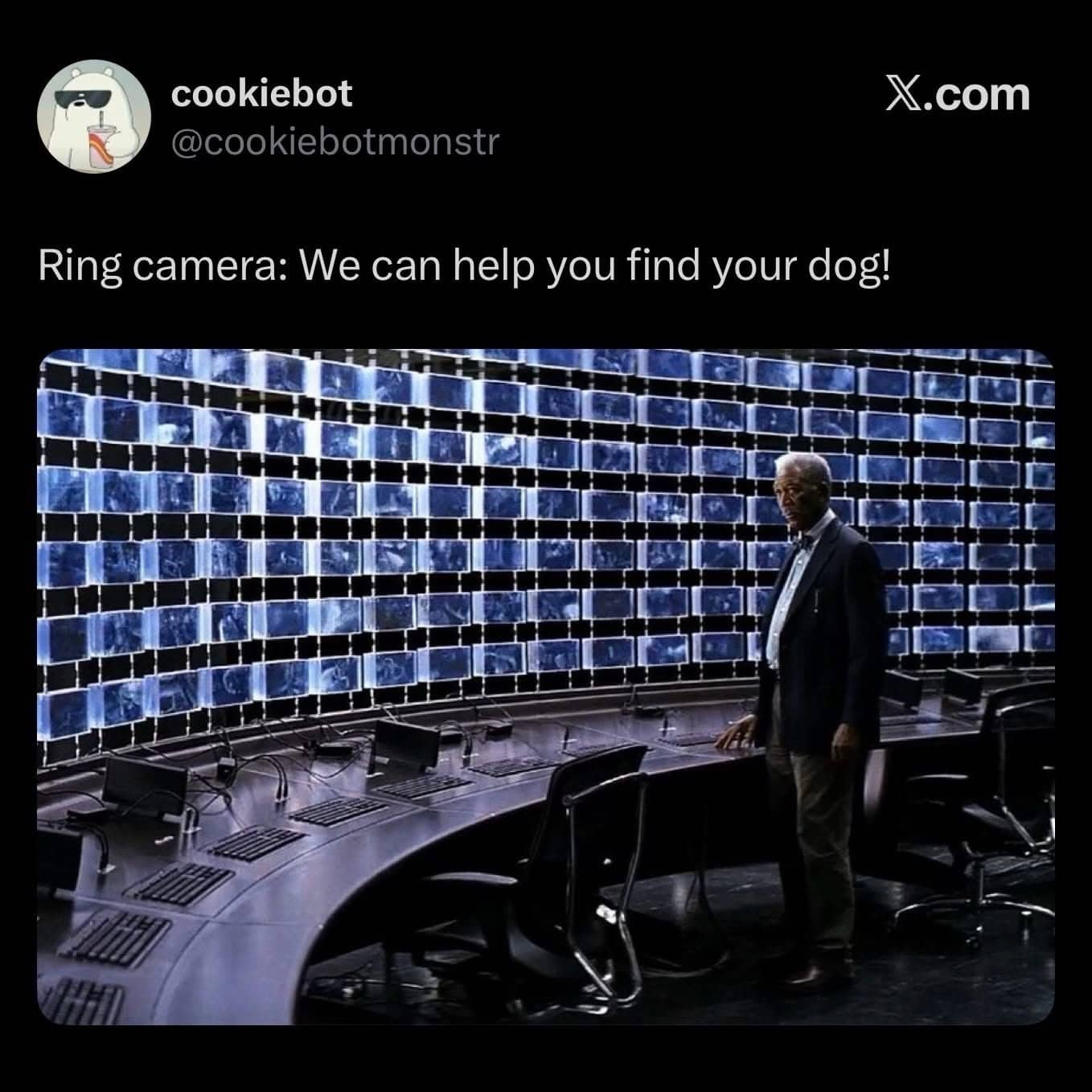 Morgan Freeman in a surveillance room meme representing the extensive reach of Ring doorbell cameras.