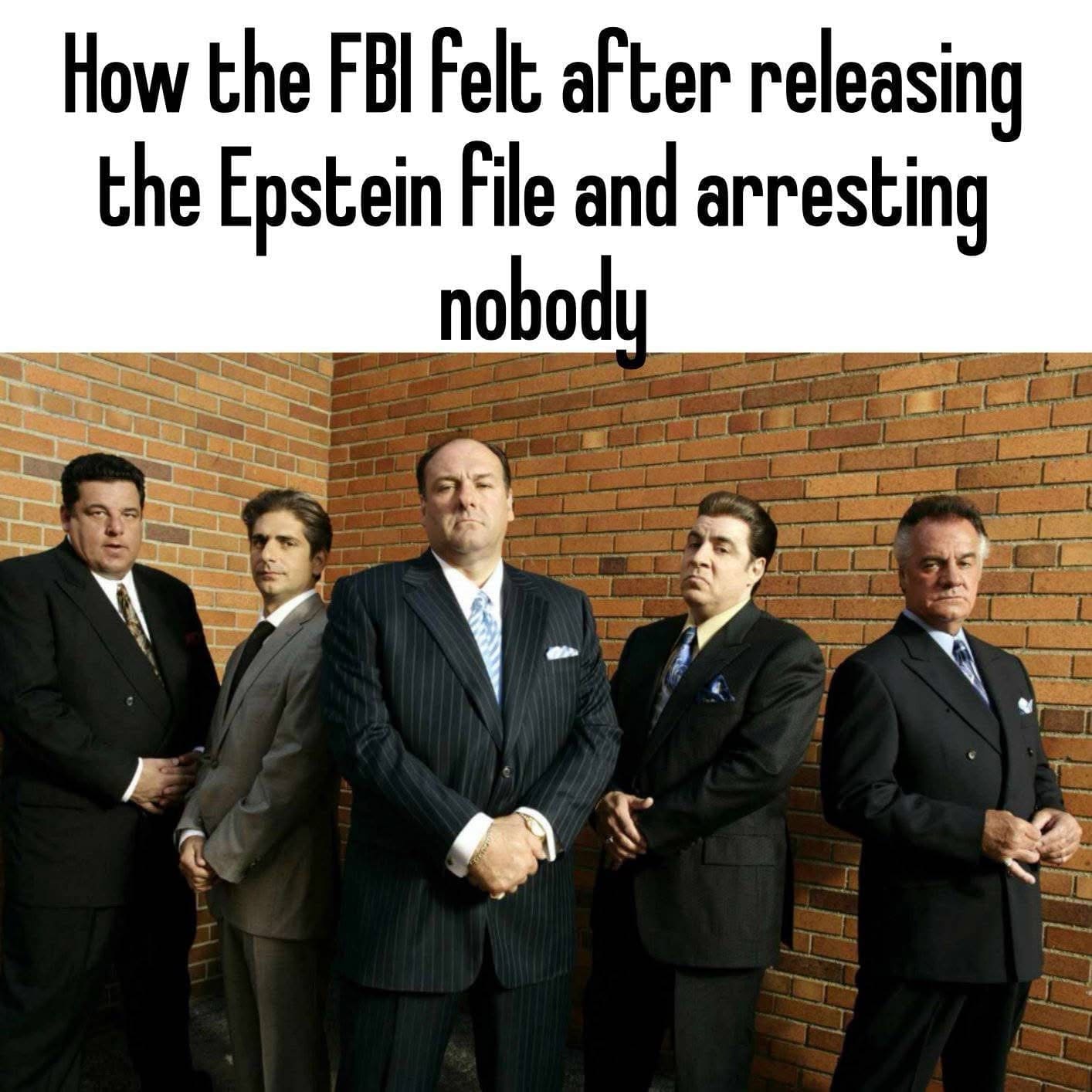 The Sopranos cast standing against a brick wall with text about the FBI Epstein files.
