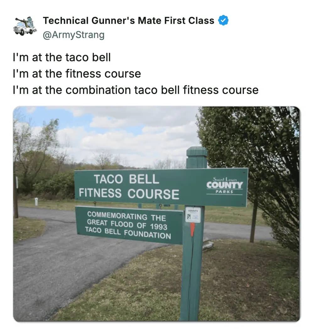 Park sign for a Taco Bell Fitness Course commemorating the great flood of 1993 in Saint Louis.