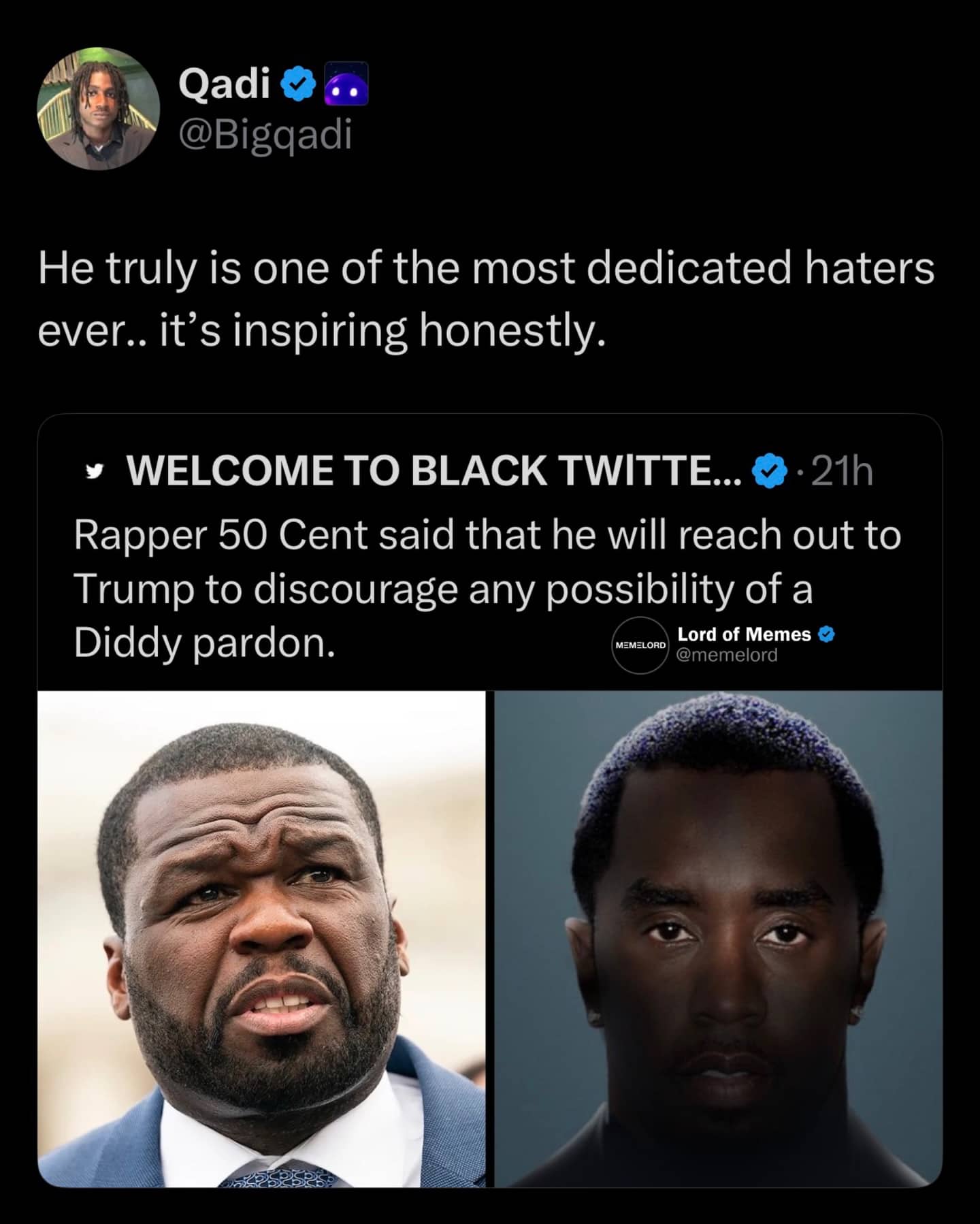 Tweet about rapper 50 Cent reaching out to Trump to discourage a Diddy pardon.
