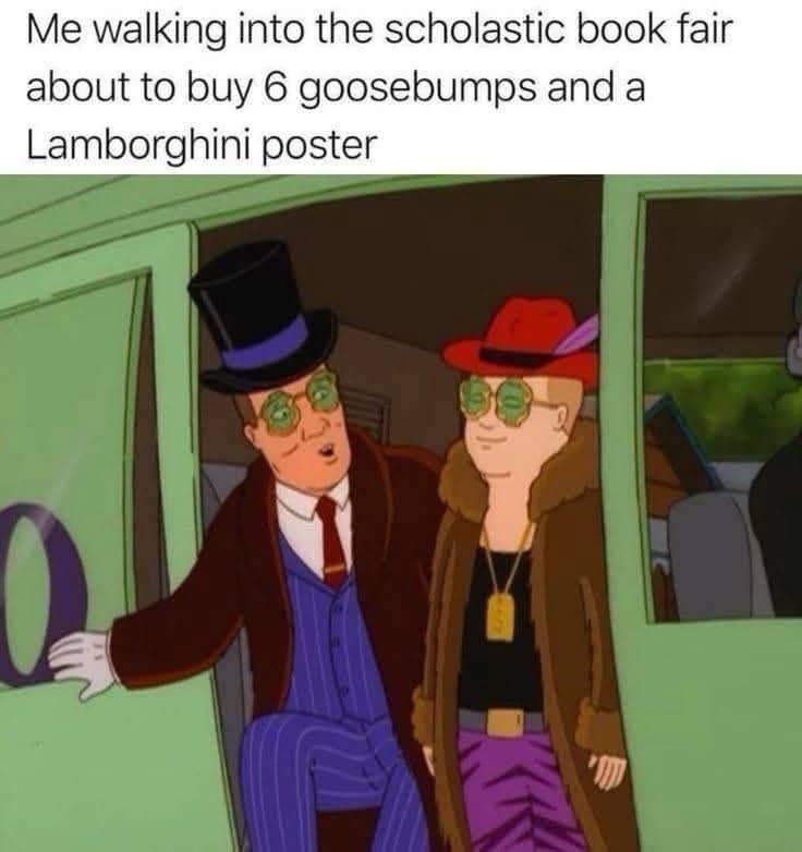 King of the Hill characters Hank and Bobby Hill dressed in pimp outfits for school fair.