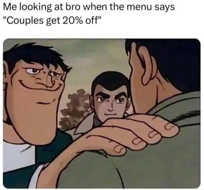 Anime characters with exaggerated expressions looking at each other for a restaurant discount for couples.