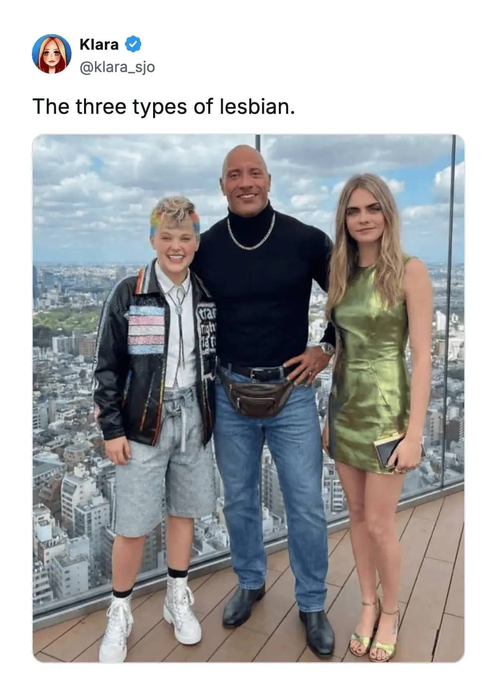 JoJo Siwa, The Rock, and Cara Delevingne standing together at a rooftop event in London.