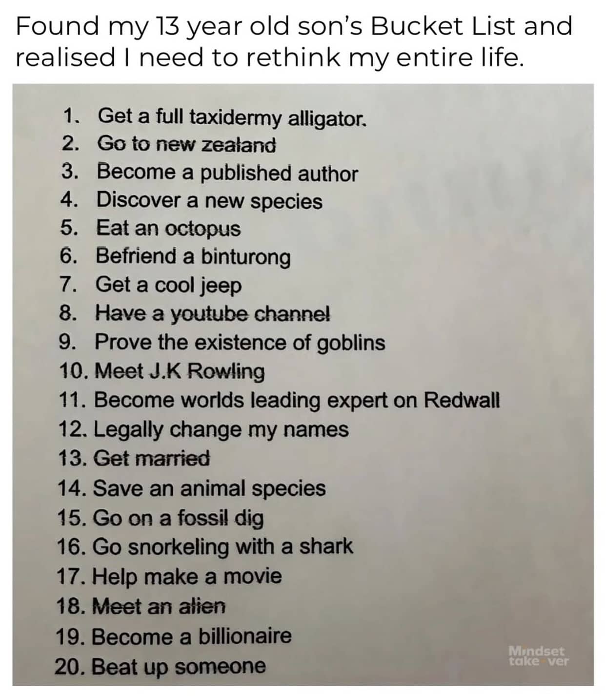 A 13-year-old boy's bucket list including goals like meeting aliens and beating someone up.