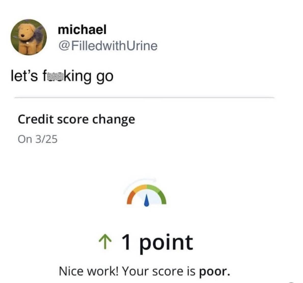 Sarcastic screenshot of a credit score increasing by only one point while remaining in the poor category.