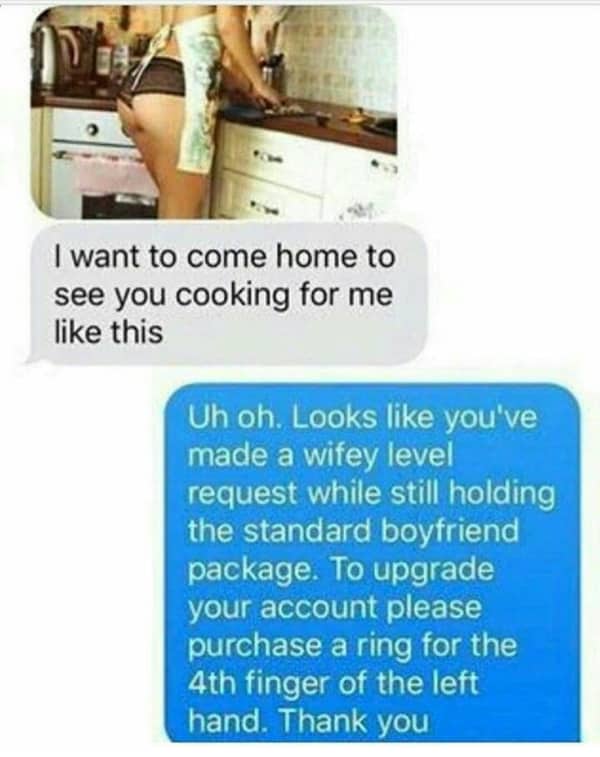 Screenshot of a text message exchange where a woman shuts down a cooking request with a wifey level upgrade prompt.