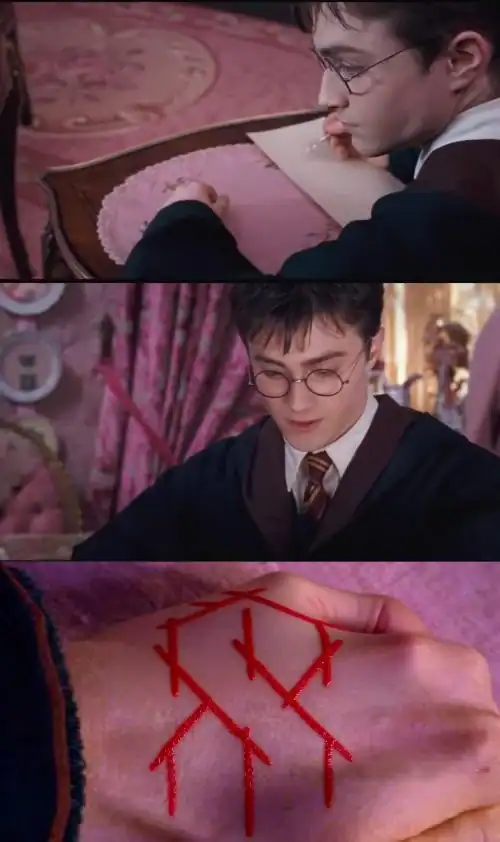 A nostalgic Harry Potter meme editing the scene where Harry carves words into his hand, revealing he actually carved the universal "Cool S" symbol everyone drew in school.
