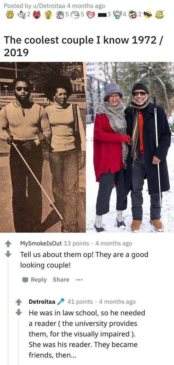 Side-by-side comparison of a stylish couple in 1972 and 2019 showcasing how time changes things.