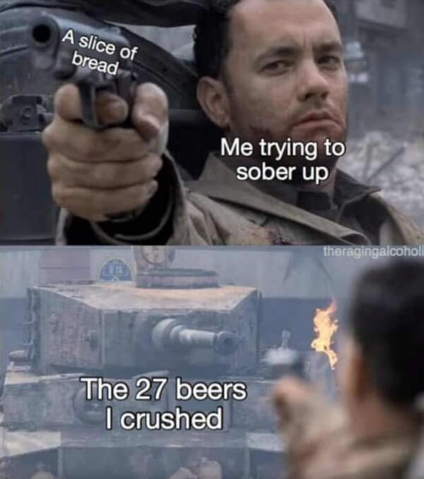 Tom Hanks shooting a tank with a pistol representing a single slice of bread trying to cure a massive beer hangover.
