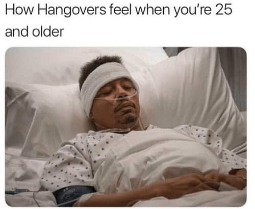 Terrence Howard lying in a hospital bed on life support. Funny joke about how terrible alcohol recovery feels after age 25.