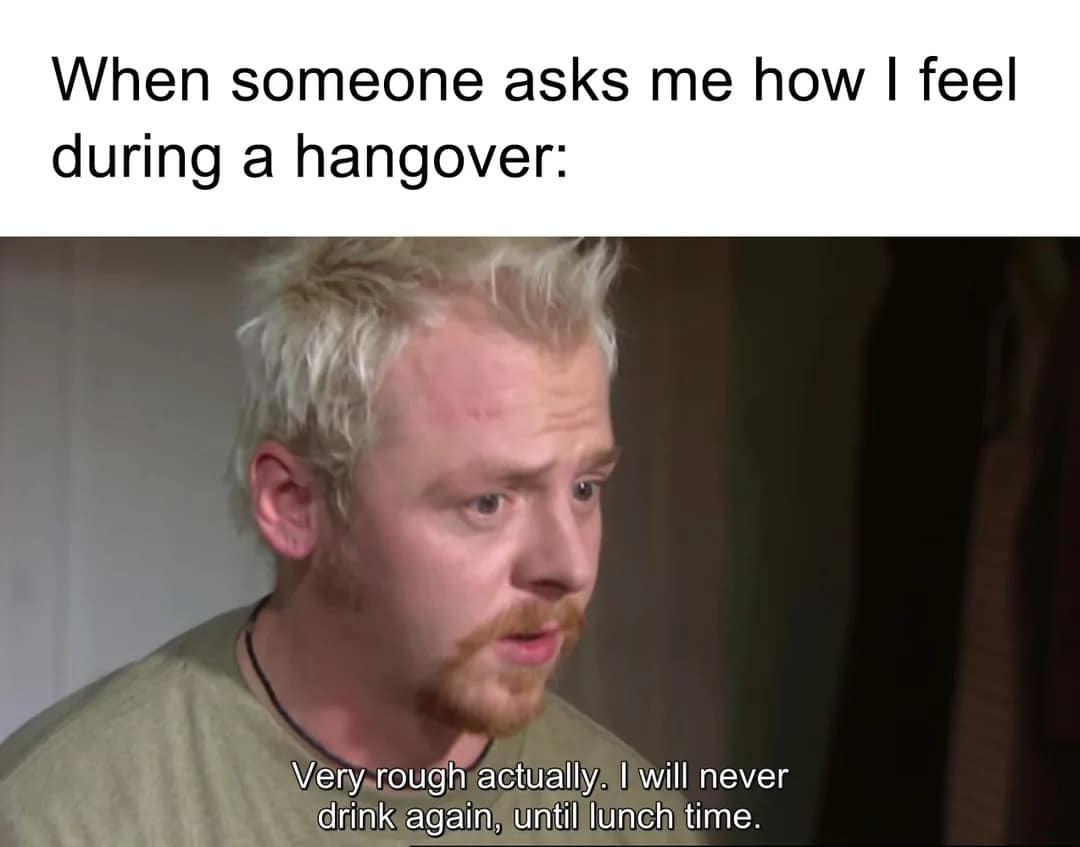 Simon Pegg in Shaun of the Dead saying it is very rough. Joking about swearing off alcohol forever but only until lunch.