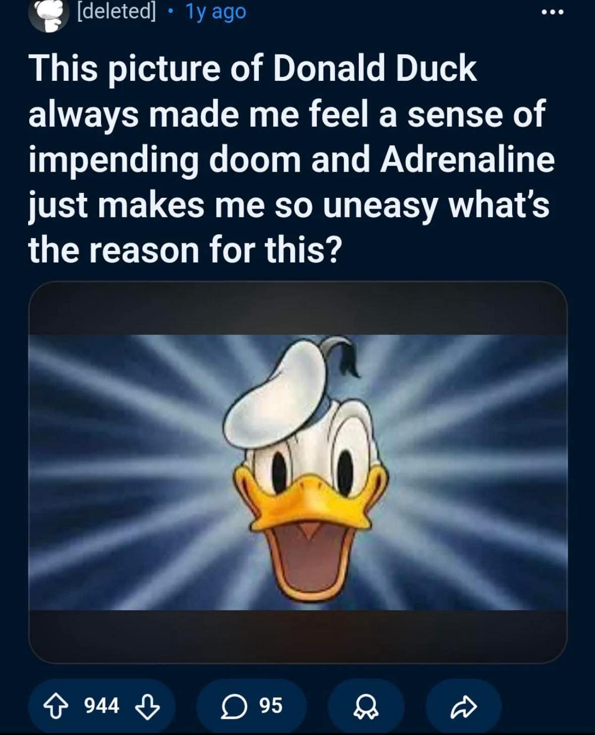 Reddit post asking why the classic Donald Duck cartoon intro title card evokes a sense of impending doom and adrenaline. Hilarious memes about childhood nostalgia