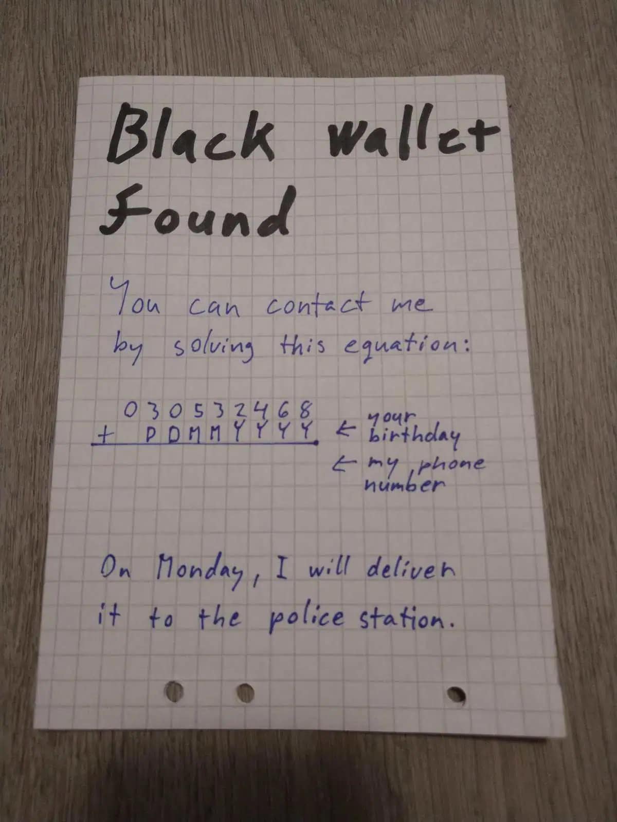 A meme dump photo of a handwritten note about a found black wallet that requires solving a complex math equation to get it back.
