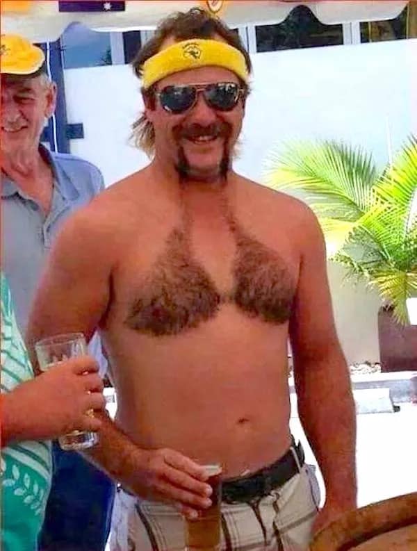 A meme dump photo of a shirtless man with chest hair shaved into the shape of a bikini top.