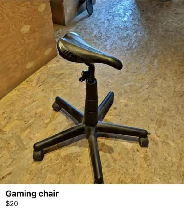 Cursed image of a bicycle seat attached to office chair wheels listed as a gaming chair meme dump.