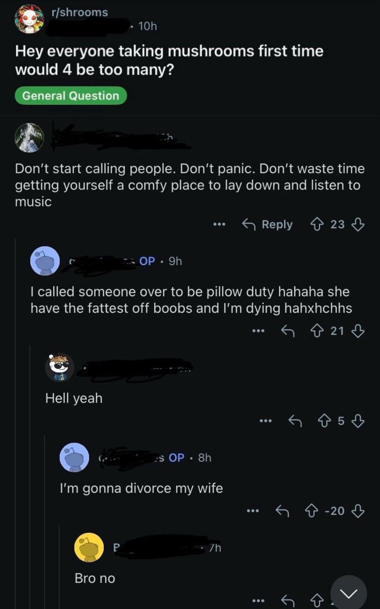 Reddit thread showing a user having a hilarious mushroom trip and threatening to divorce his wife over a friend.