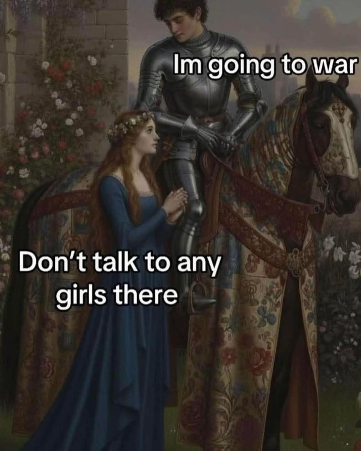Classic painting of a medieval knight leaving for war with a jealous woman telling him not to talk to any girls there.