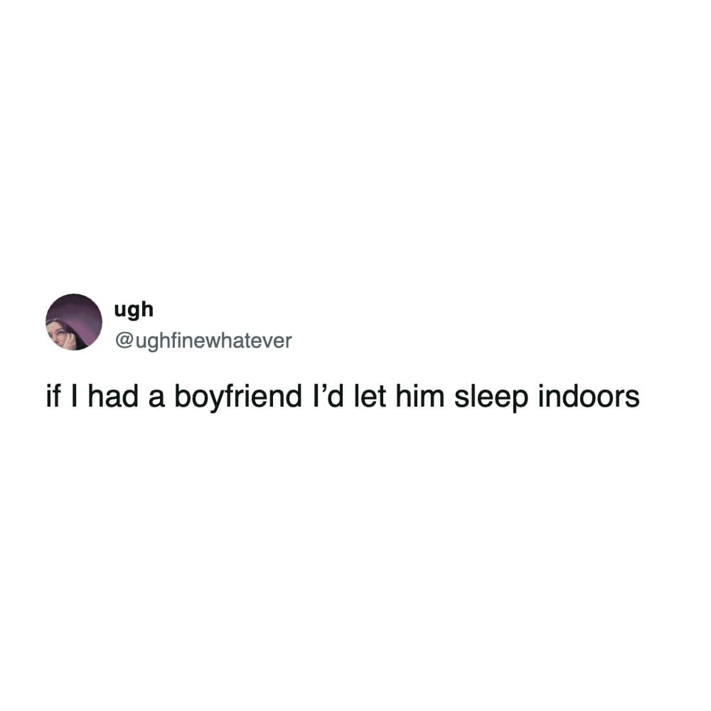 Text post by ugh about letting a boyfriend sleep indoors funny meme about dating standards.