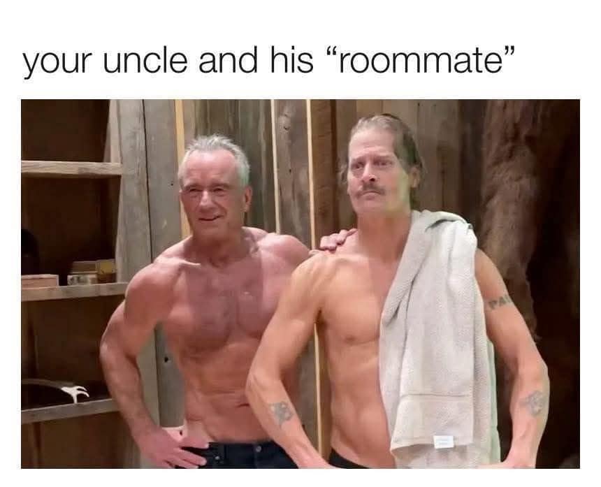 A classic family secret funny memes post featuring a photo of two older, fit, shirtless men standing affectionately side-by-side in a cabin, knowingly captioned "your uncle and his 'roommate'."