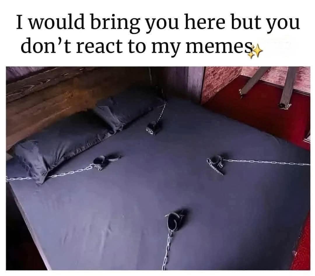 A relationship priorities funny memes image showing a bed with BDSM chains, captioned "I would bring you here but you don't react to my memes."