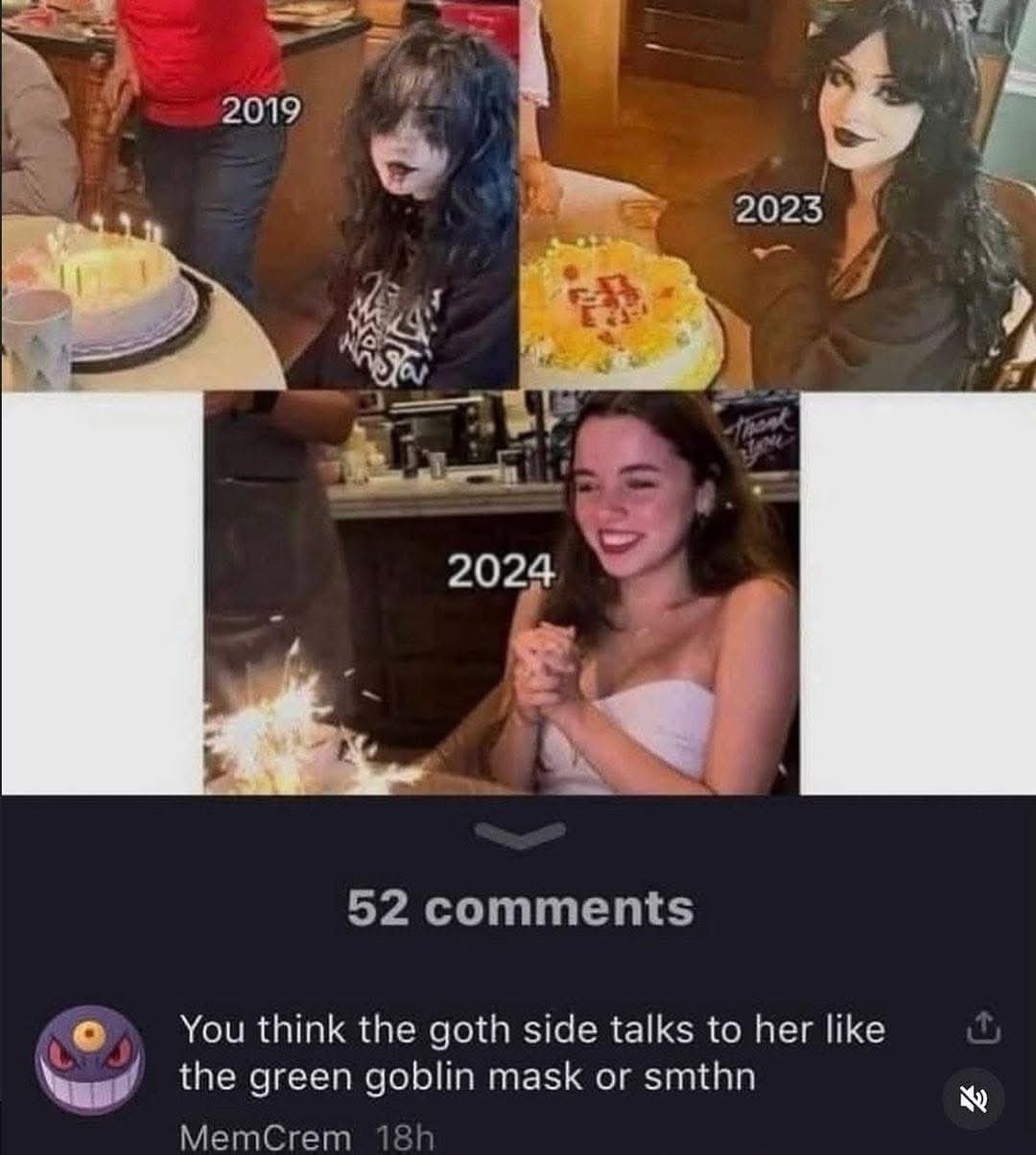 A funny meme showing a girl's transition from goth to happy, with a comment comparing her inner monologue to the Green Goblin mask.