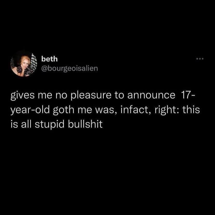A funny meme tweet admitting that the user's "17-year-old goth" self was right about everything being "stupid."